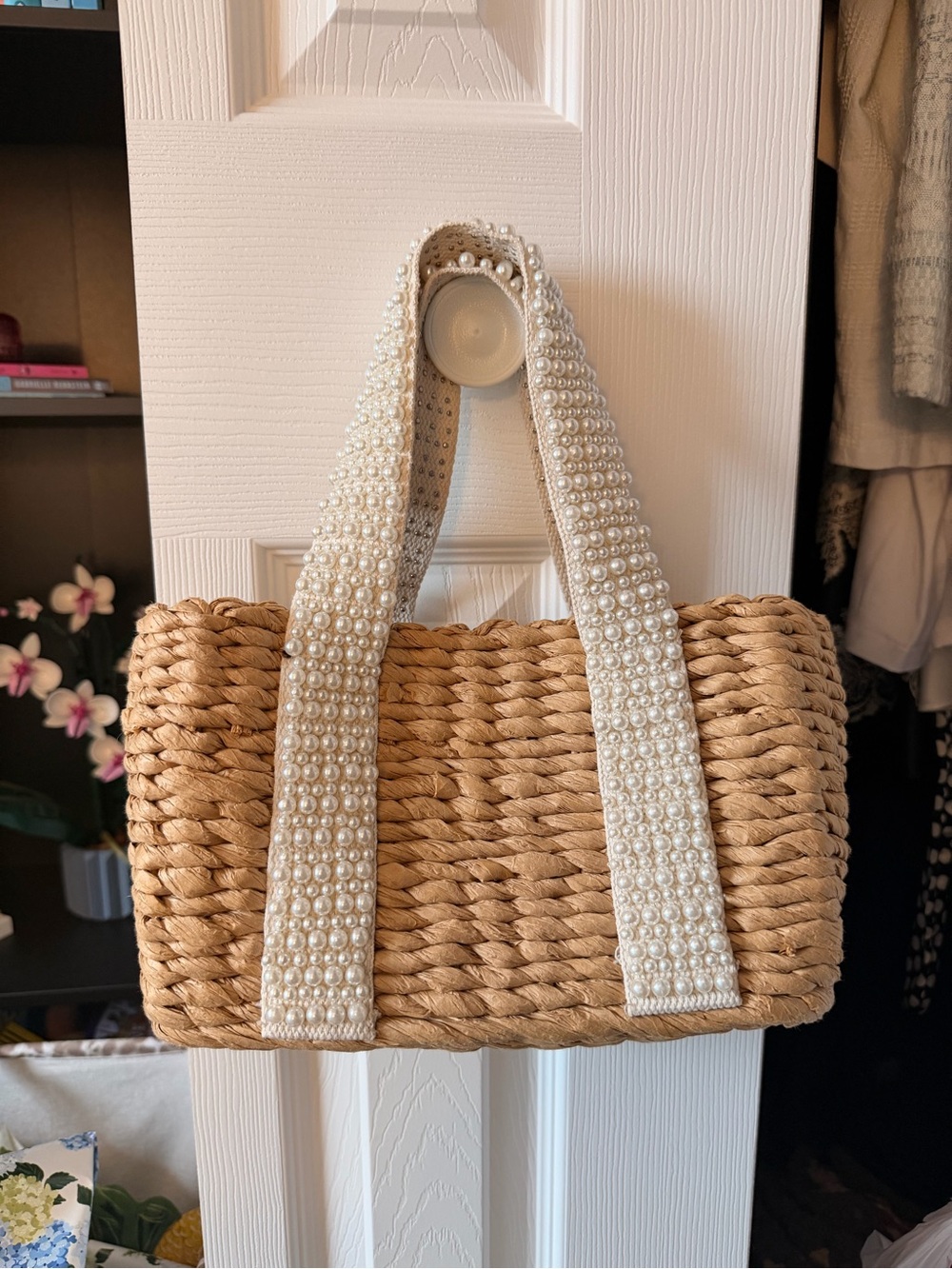 Pearl-Accent Woven Straw Tote Bag - Natural